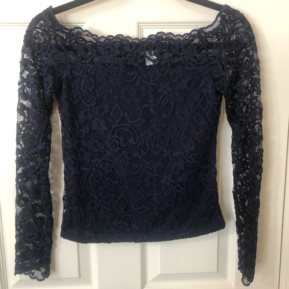 Navy blue lace off the shoulder shirt